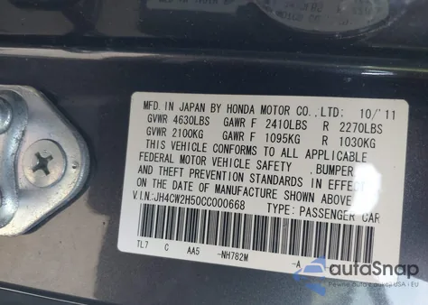 2012 Acura Tsx 2.4 from USA, damaged, VIN JH4CW2H50CC000668